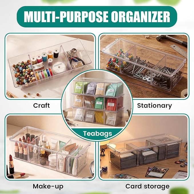 Hoteam 3 Pack Flip Top Tea and Coffee Organizer with Lids, Clear Stackable Plastic Tea Bag Storage Organizer for Cabinet Counter Countertop Pantry, Sweeteners (3 Grids)