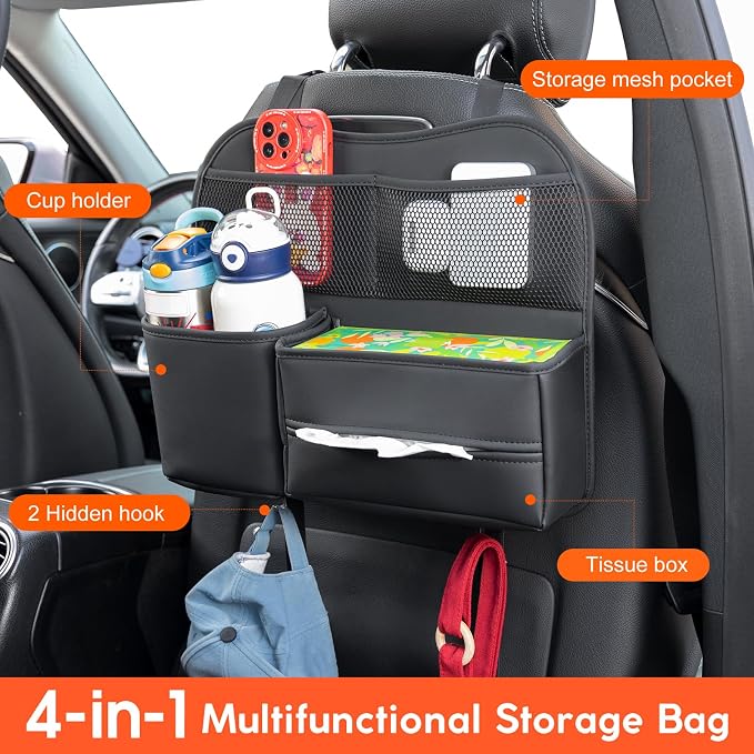Multifunctional Car Seat Back Organizer with Large Tissue Box Holder, Large Water Bottle Storage, Phone Pouch for Road Trips (Black)