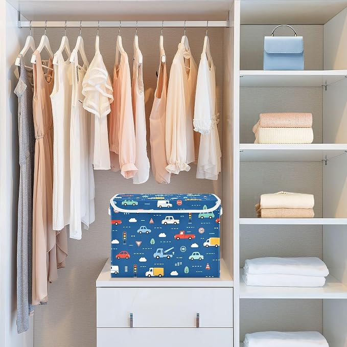 Storage Bins with Lid Trunk Vehicle Foldable Storage Boxes 40L Baskets | Decorative Storage Boxes, Dust-Proof Flip Top, Reinforced Handles, For Home & Bedroom, Clothes & Toy Box, Oxford Fabric Print