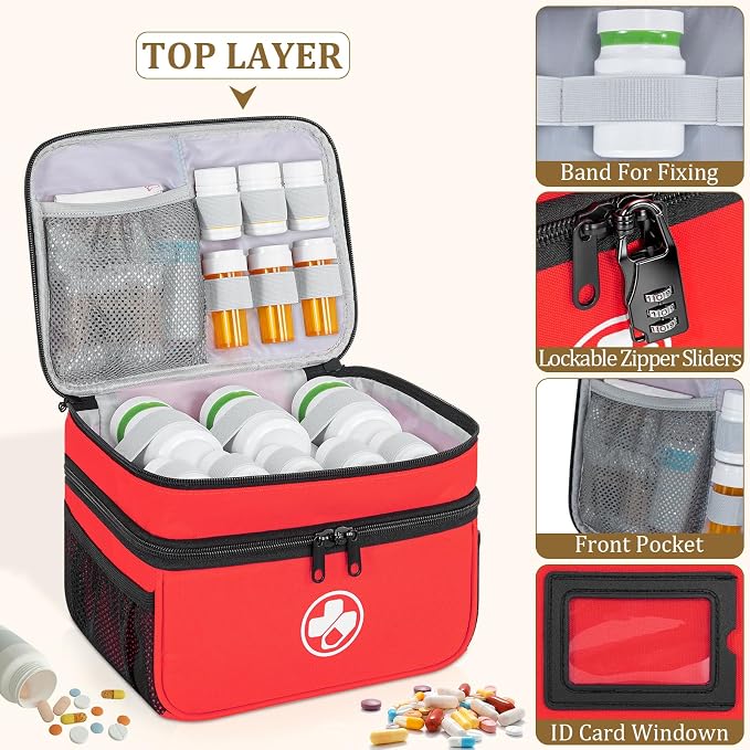 Dual Layers Medicine Organizer, Lockable Travel Pill Bag, Red | Adjustable dividers for neat pill organization. Durable zippers & portable design suit daily use, travel or first aid kit