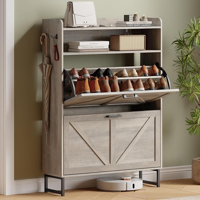 Xixini Shoe Storage Cabinet with 2 Flip Drawers, Entryway Shoe Rack, Grey | Freestanding Narrow Shoe Storage, Hidden Slim Wood Shoe Organizer, Modern Farmhouse, Open Storage & Hooks for Closet, Hallway