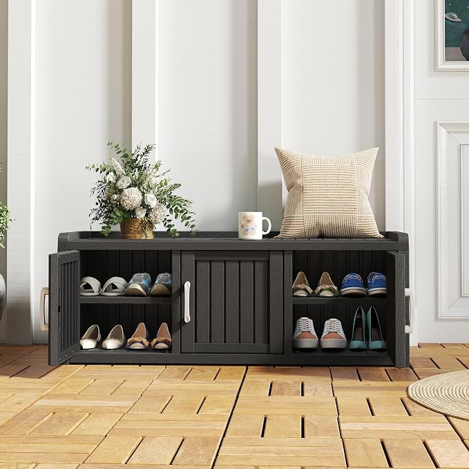 NUNU LAB Shoe Storage Cabinet, Waterproof Shoe Organizer with Adjustable Shelves, UV-Resistant Entryway Shoe Cabinet Bench with 3 Barn Doors for Indoor Outdoor, Foyer, Hallway, Living Room,Black