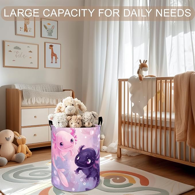 Axolotl Laundry Basket Hamper 19.7"x15.8", Axolotl Cartoon Foldable Waterproof Oxford Clothes Storage Bucket for Room Bathroom Bedroom Nursery Decor, Toy Organizer Bins Gifts for Kids Boys Girls