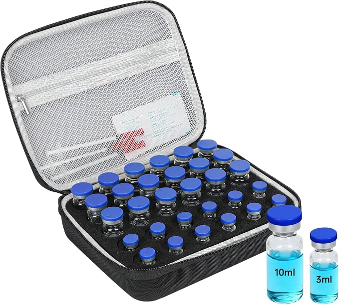 Peptide Case for Fridge & Insulin Travel Case, Adjustable 30-Slot Diabetes Care Supply Holder for 3ml/5ml/10ml Vials, Peptide Vials Storage Kit for Syringes, Alcohol Pads & Diabetic Essentials