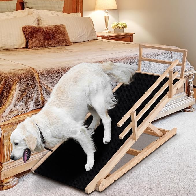 Dog Ramp for Bed & Couch, Foldable Wooden Pet Ramp, 5 Adjustable Heights | Height up to 27.5", Portable Dog Ramp with Non-Slip Rubber Surface & Safety Railings, Pet Ramp for Small, Large, Senior Dogs