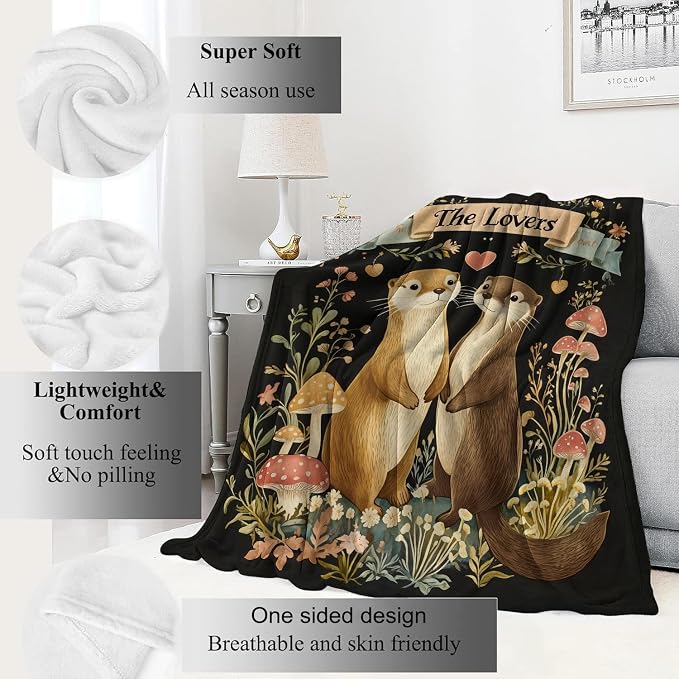 Otter Couple Blanket Woodland Romantic Animal Throw Blankets,Gifts for Kids Adult Women Men,Lightweight Soft Fleece,Nature Lovers,Sofa Couch Bed Room Modern Decor Valentine's Day 40x50in