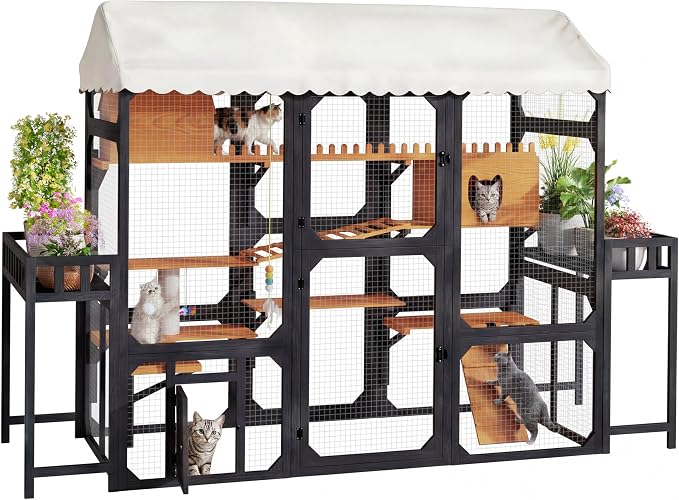 Large Outdoor Cat Enclosure Wooden Catio with Multi-Level Play Platforms, Climbing Ramps, Resting Boxes, Pom-Pom Toys & 2 Plant Stands, Weather-Resistant Roof & Wire Mesh for Backyard Patio, Black