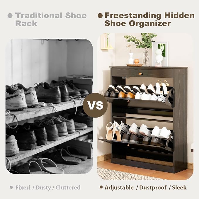Wood Shoe Storage Cabinet, Hidden Shoe Rack Cabinet with 2 Flip Drawers | Space-Saving Shoe Storage Organizer, Ultra Slim Narrow Shoe Dresser Open Compartment, for Entry, Hallway, Living Room, Black