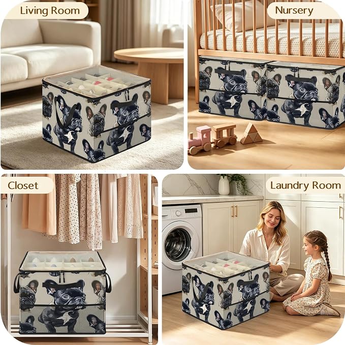 TropicalLife French Bulldog Shoe Organizer for Closet | Foldable Shoe Storage Box Bin 16-32 Pair Shoe Storage for Sneakers, Boots & Heels with Adjustable Dividers, Clear Cover