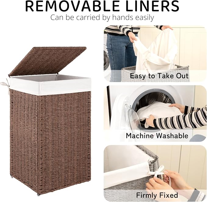OIAHOMY Laundry Hamper with Lid, 65L(17.2 Gal) Large Wicker Laundry Basket for Bedroom, Handwoven Paper Rope Clothes Hamper with Washable Liner & Metal Frame, Decorative organizer for Bathroom Brown