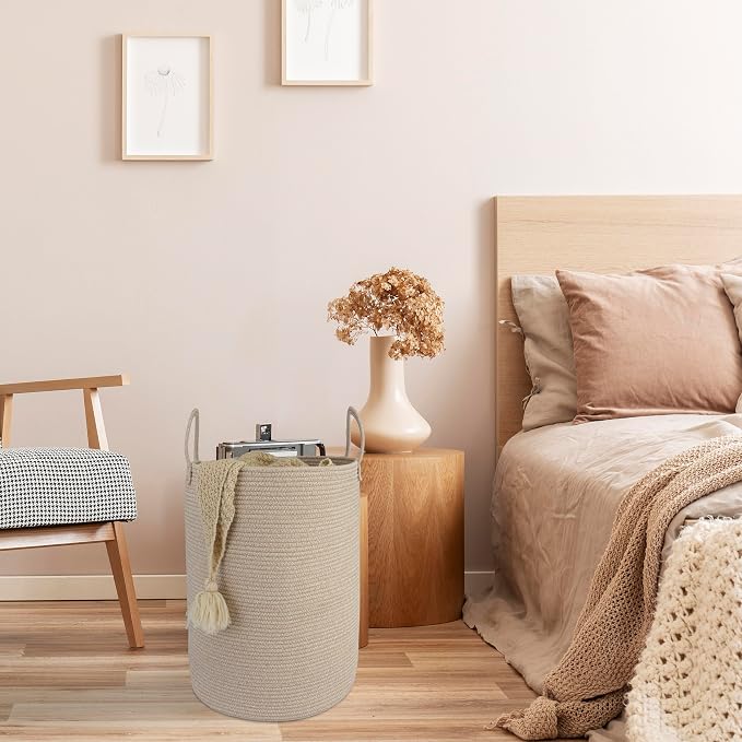 Woven Cotton Rope Laundry Basket Hamper, 16" x 22" Large Oatmeal | Rope storage basket for dirty clothes, toys and blankets. Perfect for bathroom, baby nursery and living room storage.