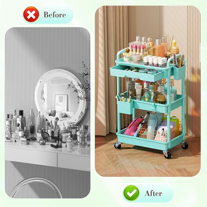 SUNALLY Makeup Cart Organizer with Drawer, 3 Tier Rolling Makeup Cart, Blue | Rolling Vanity Storage for Skin Care Perfume Nail Polish, Floor Skincare Organizers Cosmetics Display Bathroom Storage Cart