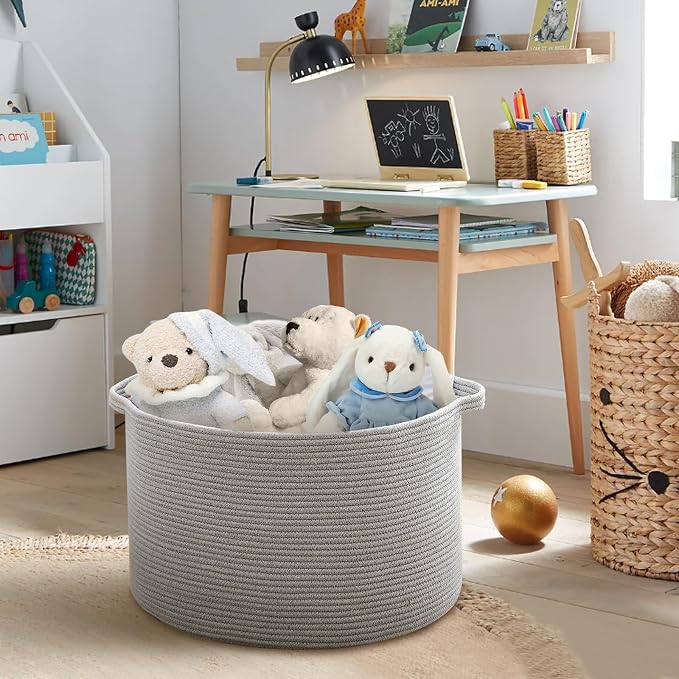 Extra Large Grey Storage Basket, 22" X 22" X 14" XXXL Blanket Basket for Living Room, Gray Wicker Woven Cotton Rope Baskets for Storage, Kids Toy Baskets Bins, Decorative Pillow Towel Basket