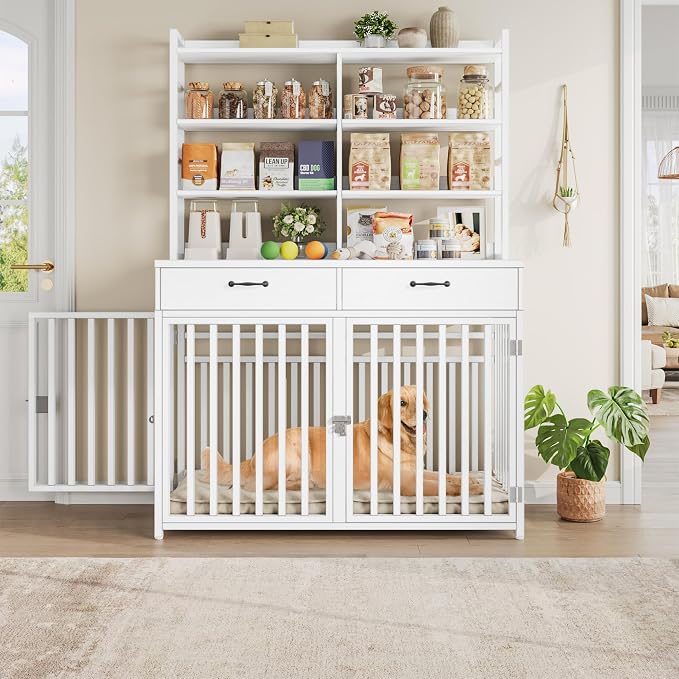 Keyluv 71''H x 47.2''W Large Dog Crate Furniture with 4-Tier Shelves and 2 Storage Drawers, Heavy Duty Dog Cage Furniture with 2 Doors, Wood & Metal Dog Kennel Indoor for Small/Medium/Large Dog, White