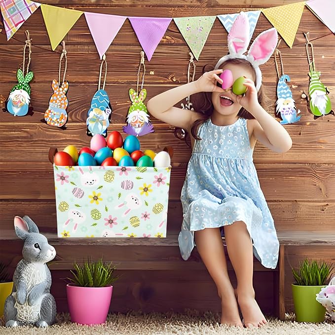 Large Empty Easter Basket for Kid Fabric Personalized Bunny Eggs Easter Gift Basket for Boy and Girl (Rabbit Blue Background)