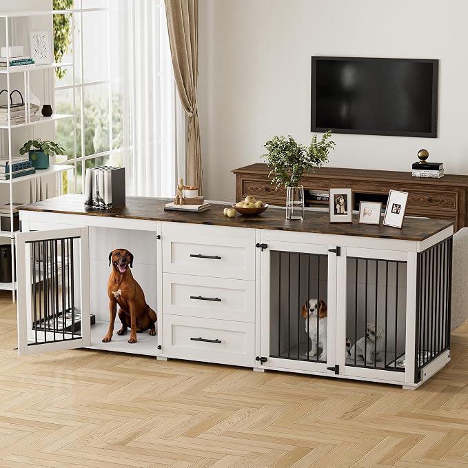 OUYESSIR 94.5" Dog Crate Furniture for Medium Large Dogs, White Brown | Extra large dog kennel fits 2 Medium or large dogs, 3 Storage Drawers, 4 removable Stainless steel dog bowls, Solid Wood