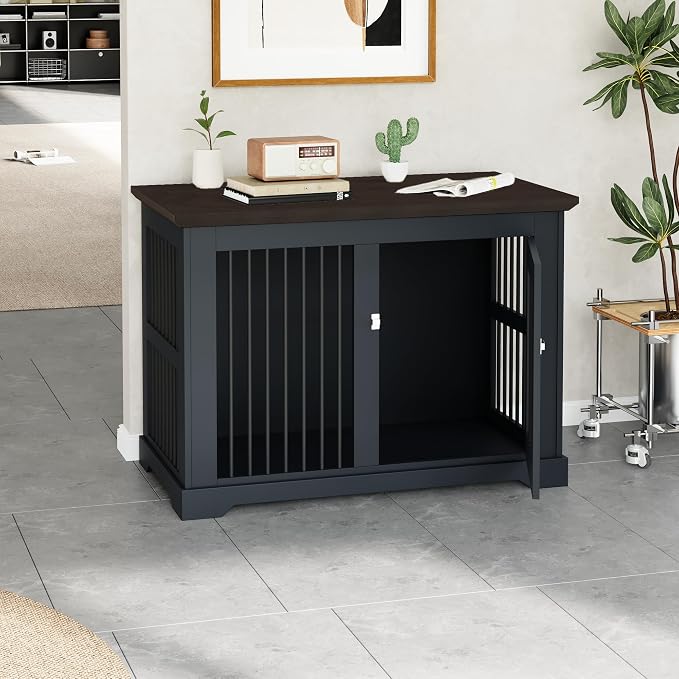44" Wooden Dog Crate Furniture,Large Kennel Pet Cage End Table for Indoor | for XXL XL Medium Dogs, Grey and Wood, Fits Living Room Bedroom, Heavy Duty Steel Frame with Lock 100 lbs Cap, 100 lbs Top.