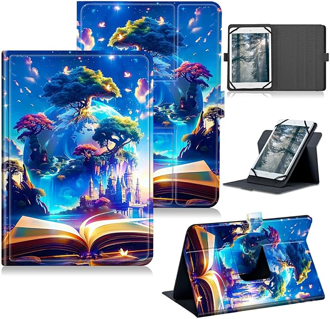 Universal Tablet Case for T-Mobile Revvl Tab 2 10.1" Model:9185W 2025/Revvl Tab 5G 10.36" 2023, 360 Degree Rotating Kickstand Protective Stand Leather Shell Cover for 9"-10.5", Book Trees
