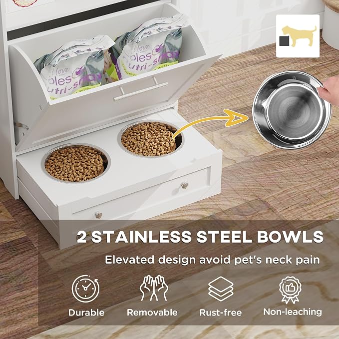 PawHut Dog Feeding Station with Raised Bowls, Pet Feeder Station, White | Dog Food Storage Cabinet, Hanger for Feeding & Watering Supplies