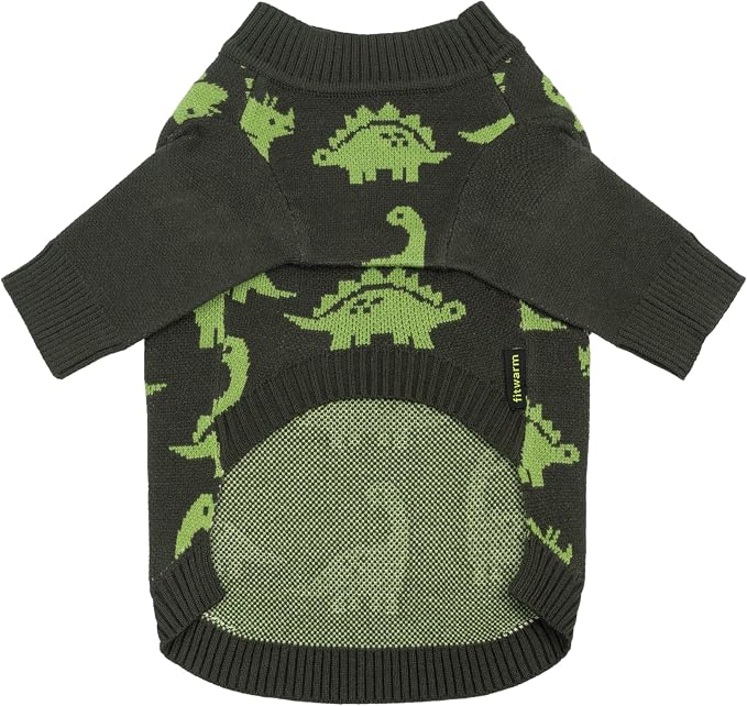 Fitwarm Dinosaur Dog Jacquard Sweater, Knitted Winter Clothes for Small Dogs Boy Girl, Cozy Pet Outfit, Dark Green, Olive, White, Medium