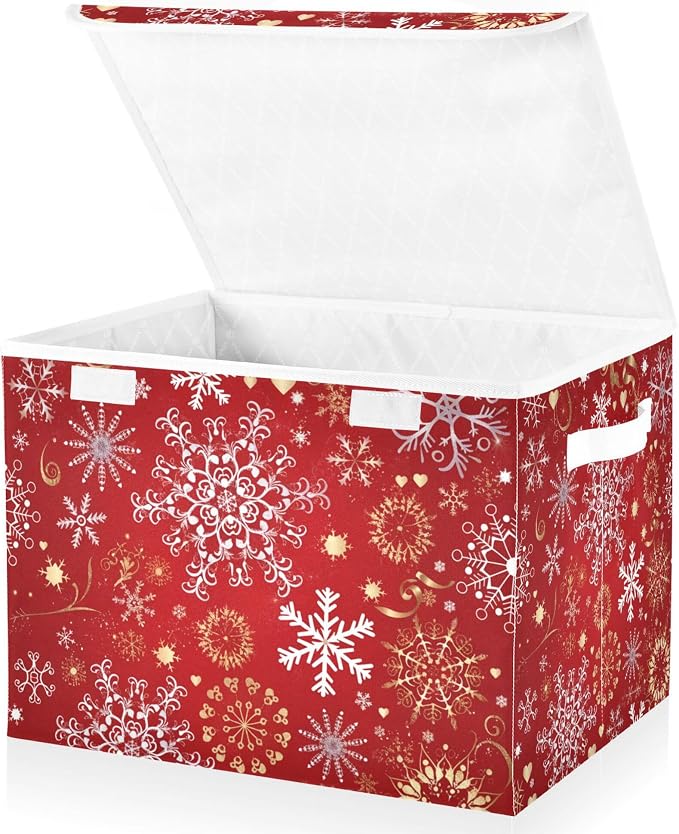 Christmas Snowflakes Storage Bins with Lids and Carrying Handle,Foldable Storage Boxes Organizer Containers Baskets Cube with Cover for Home Bedroom Closet Office