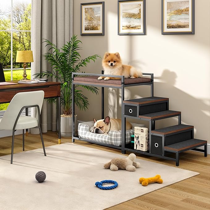 kepptory Dog/Cat Window Perch with Stairs and Seat Cushion, Pet Bunk Bed with Storage Drawers, Bedside Dogs Cot for Small, Medium Cats & Dogs, Pet Stairs Ramp(Brown)
