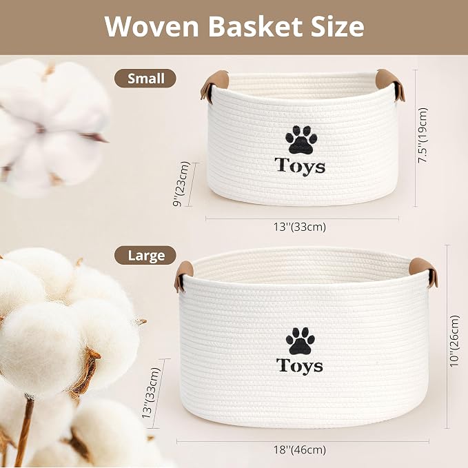 Dog Toy Basket, Quality Cotton Rope Dog Toy Bin (13’’x9’’x7.5’’) | Cute Paw Print Small Basket for Dog Toys, Portable Toy Storage Organizer with Handles for Pet Supplies, Toys & Accessories