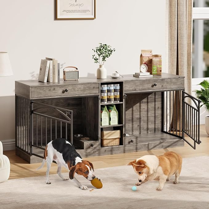 Dog Crate Furniture for 2 Dogs, Double Dog Crate TV Stand, Gray | 78.7'' Large Dog Kennel Indoor, 2 Storage Drawers, 3 Shelves and Feeding Bowls, Pet Kennel for Small and Medium Dogs