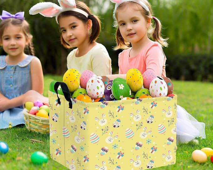 Large Rectangular Easter Baskets Empty Waterproof Boy Toy Box Foldable Kid's Gifts Storage Bin Spring Room Decor(Gift Box Rabbit Egg)