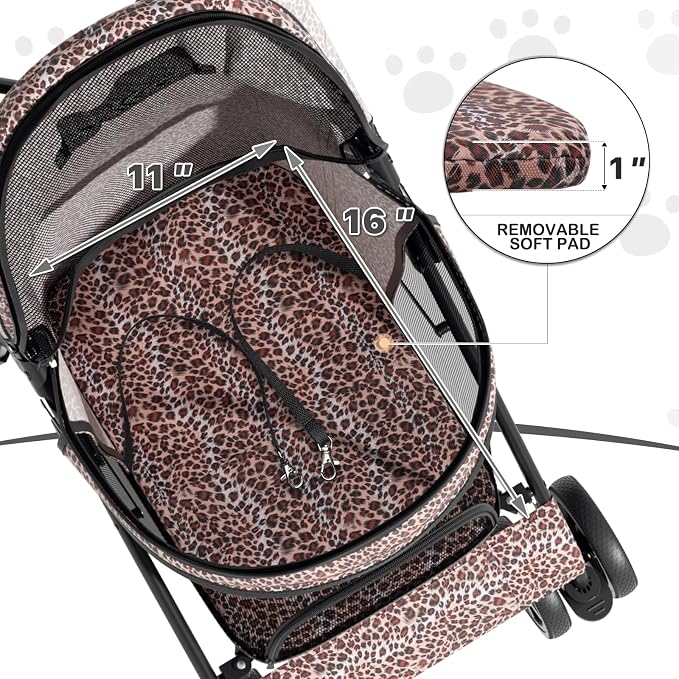 MoNiBloom Pet Stroller for Small/Medium Dogs and Cats, Leopard Print | Foladble 4 Wheels Easy-Fold Puppy Cage Jogger Stroller with Sun Cover, Pad and Rear Storage Bag, Breathable and Visible Mesh