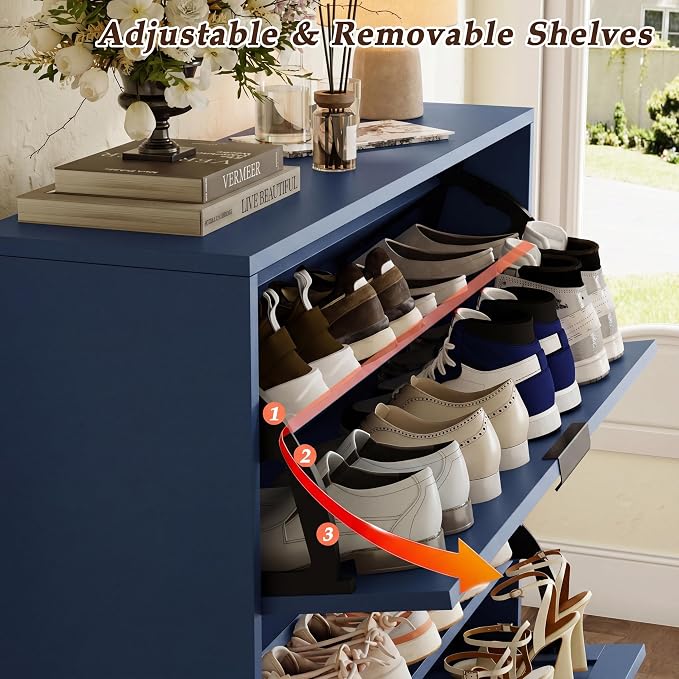 Shoe Storage Cabinet with 2 Flip Drawers, Narrow Wood Shoe Organizer Cabinet with Fluted Panel, Slim Shoe Rack for Entryway, Freestanding Shoe Cabinet for Living Room, Hallway, Blue
