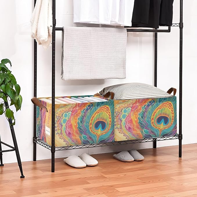 Colorful Boho Peacock Feather Storage Bins for Shelves with Labels&Handles Fabric Organizer Bin Foldable Rectangle Storage Basket Boxes for Closet, Bathroom, Home, Living Room