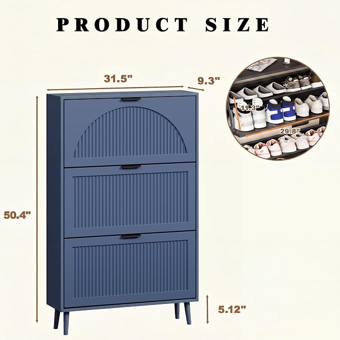 Shoe Storage Cabinet with 3 Flip Drawers, Narrow Wood Shoe Organizer Cabinet with Fluted Panel, Slim Shoe Rack for Entryway, Freestanding Shoe Cabinet for Living Room, Hallway, Blue