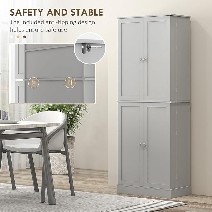 HOMCOM 65" Kitchen Pantry Storage Cabinet 16 Door Shelves Gray | Freestanding Kitchen Cabinet, 4 Doors, 8-Tier Shelving, Adjustable Shelves