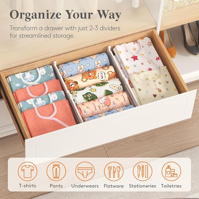 Lifewit 5" Tall Drawer Dividers, Adjustable Deep Drawer Organizer Clothes | 11.5"-18.5" Expandable Plastic Separators for Dresser, Kitchen, Cabinet, Nursery, Office, Socks & Underwear Storage, 6 Pack