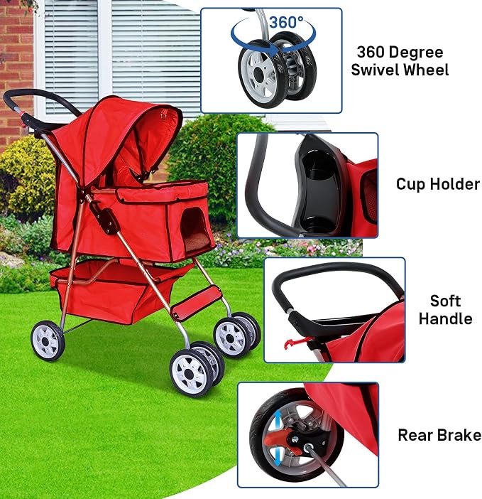 Best 4 Wheels Pet Stroller for Dog Cat, Lightweight and Foldable Pet Jogger Stroller, Carrier Strolling Cart W/Cup Holders Removable Liner for Small and Medium Dog Cat or Pet - Red
