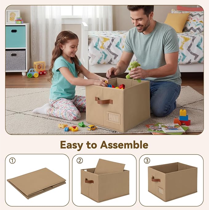 GRANNY SAYS Closet Storage Bins with Label, Brown, Large, 3-Pack | Fabric Storage Bins with PU Handles, Closet Organizers and Storage Bins, Decorative Storage Boxes for Clothes