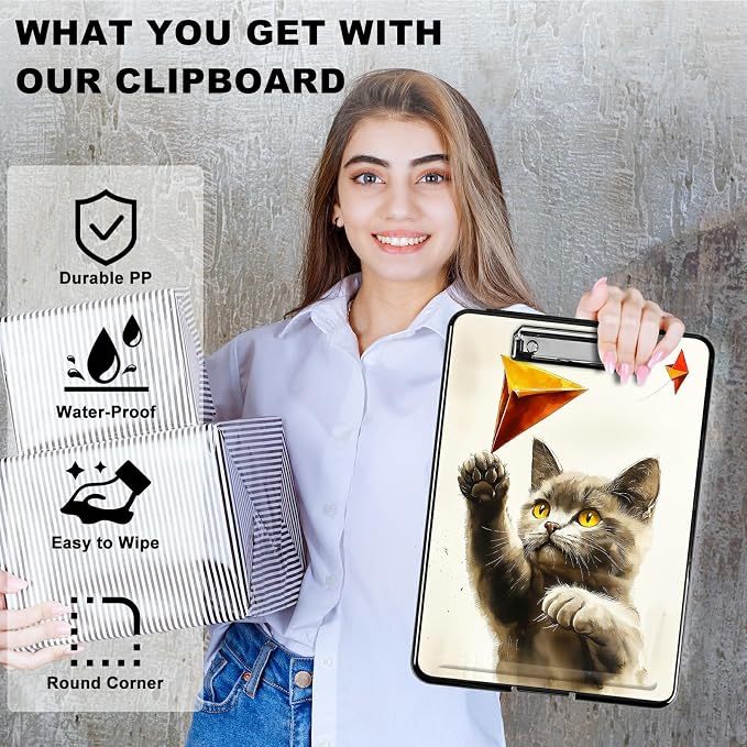 Heavy Duty Storage Clipboard, Slim Nursing Clipboard with Internal Pen Case, Portable File Organizer Case for A4 Letter Size Paper Office Medical Professionals, Gray Cat Painting