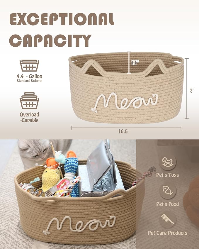 Sea Team Cat Toy Storage Basket with Handles and Ears, Beige Meow | Large Cotton Rope Storage Bin, Shelf Basket, Organizer for Pet Chew Toys, Foods, 16.5 x 11 x 7 Inches, 4.4 Gallons