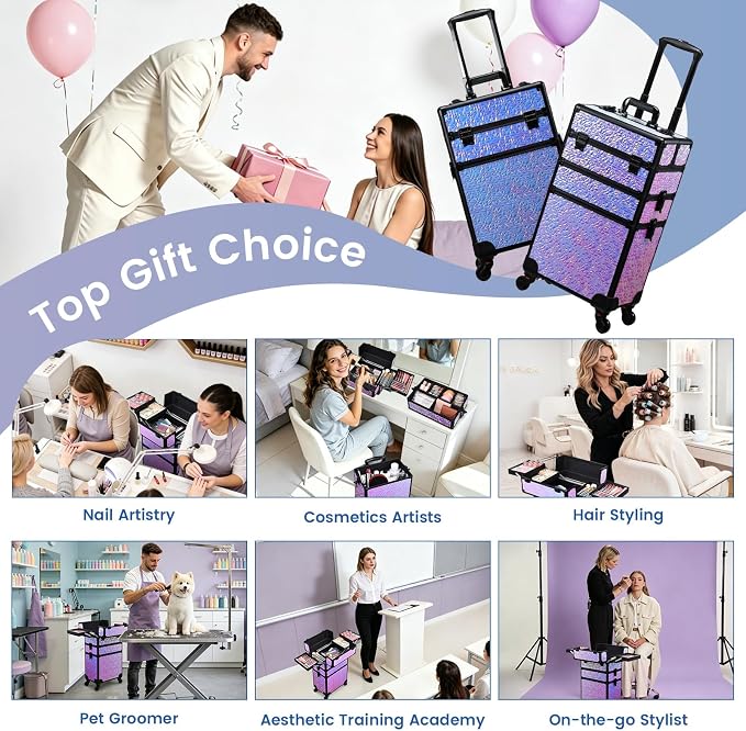 3 in 1 Rolling Makeup Train Case Professional Cosmetic Trolley Large Storage with Keys Swivel Wheels Salon Barber Case Traveling Cart Trunk for Make Up Hairstylists Nail Tech, Shiny Purple
