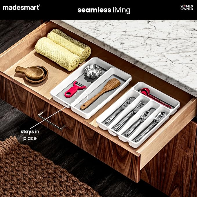 madesmart Classic 2 Compartment Compact Utensil Tray, White | non slip feet, rounded corners, soft grip lining, wide channels, spatulas whisks tongs, ladles serving spoons, woman owned