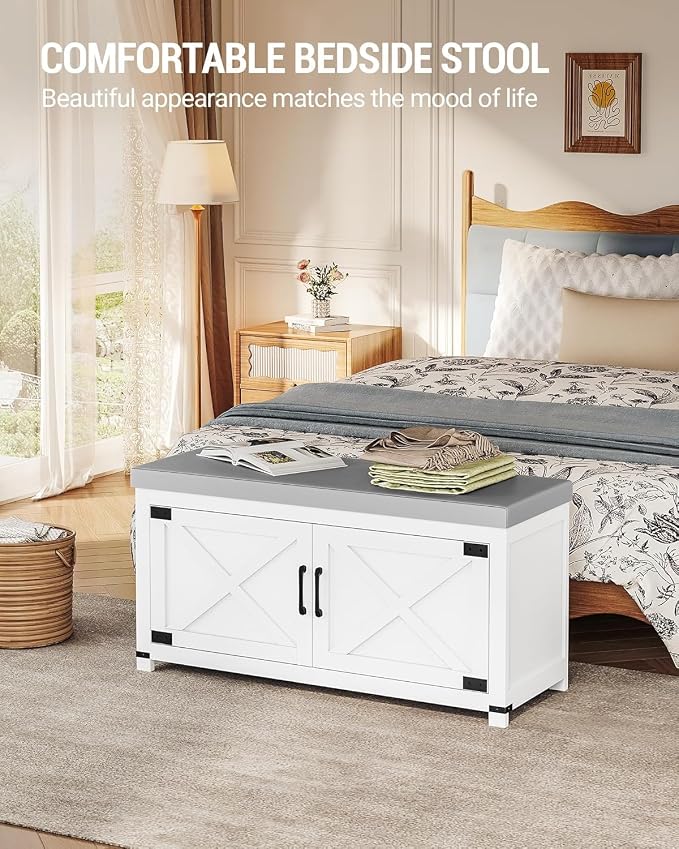 Hzuaneri 39.4" Shoe Storage Bench, with Soft Padded Seat Cushion & Doors | 2 Tier Entryway Storage Bench with Adjustable Shelf, Farmhouse Shoe Cabinet for Living room, Bedroom, White SB26603GY