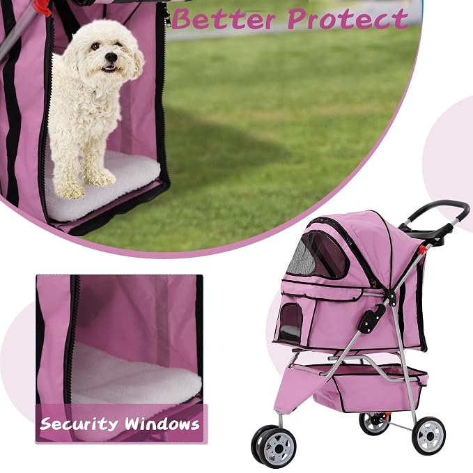 Dog Stroller With Storage Basket,3 Wheels Pet Stroller,Breathable Compact Portable Folding Carrier For Travel,Camping,Dog Carrier For Small Medium Dogs Or Cats,Lightweight Waterproof Pet Stroller,PINK