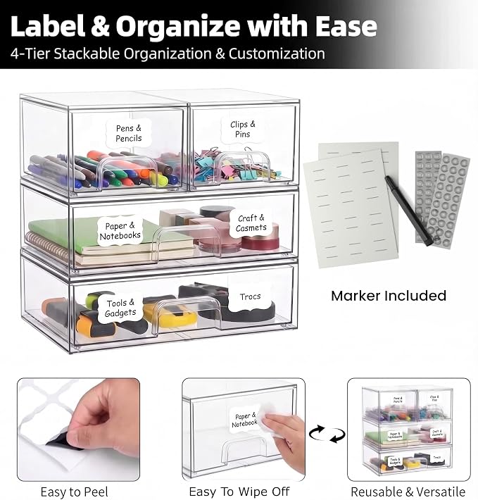 6-Pack Stackable Storage Drawers with Labels - Clear PET Pull-Out Organizer Bins for Pantry, Bathroom, Vanity, Cabinet, Countertop | Baby Bottle Organizer