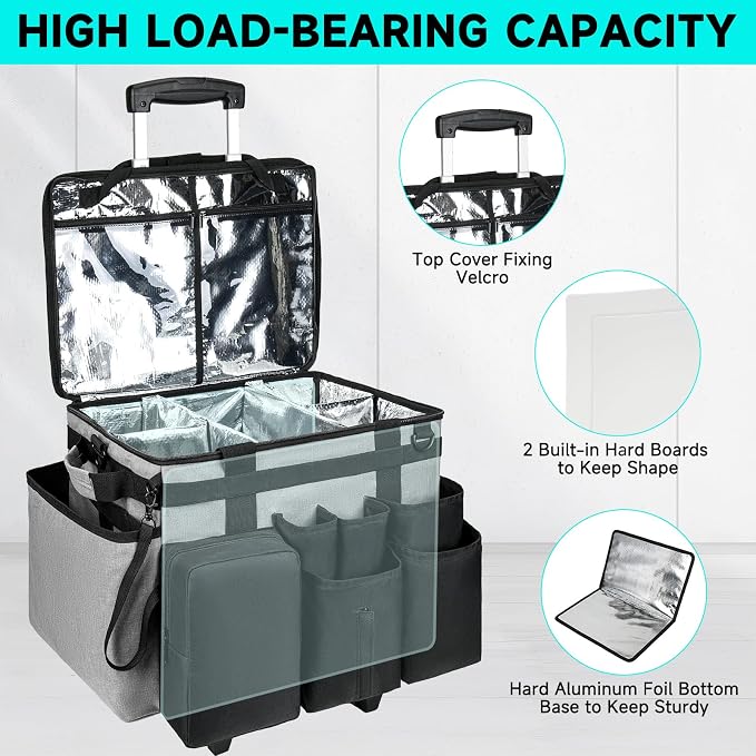 Cleaning Cadddy Bag with Rolling Cart, Large Cleaning Bag with Wheels | Cleaning Supplies Organizer with Detachable Trolley for Housekeepers, Housekeeping Cleaning Cart with Shoulder Strap & Handle