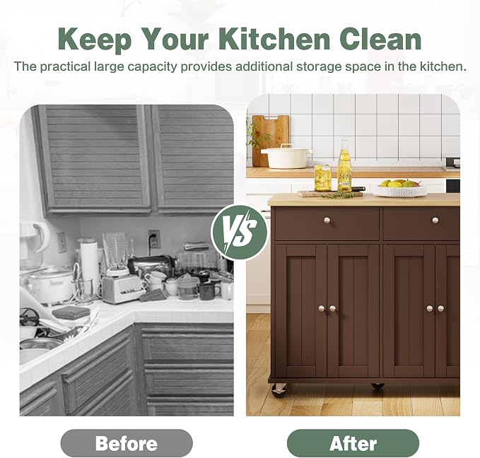 JY QAQA 39" Kitchen Island on Wheels with Storage Cabinet Kitchen Cart Cabinet with Shelves, Cart Handle for Towel Rack or Free Mobility, Portable Islands for Kitchen, Brown