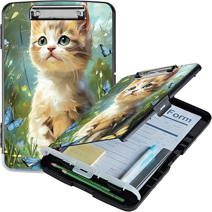 A4 Clipboard with Storage Pen Holder, Clipboards Organizer Nursing Clipboard Foldable File Folder Plastic Clipboard Folio Clip Board for Office Work Classroom Doctor, Lawn Cat Butterfly