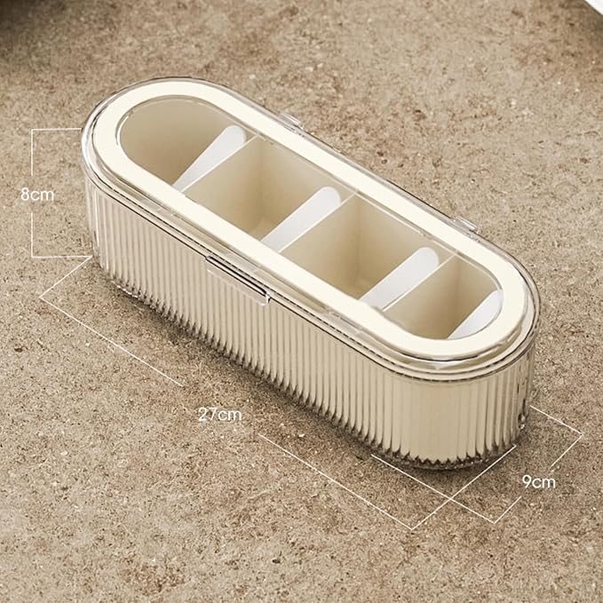 4 Dividers Condiment Pot with 4 Spoons, PP and PET Container Condiment Box | Clear Lid, Store Salt, Sugar, Pepper Powder, Cinnamon Powder, Cumin Powder, Parsley Flakes