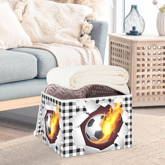 Football Fire Fabric Storage Bins with Lid Closet Bedroom 40L Fabric Bin | Decorative Storage Boxes, Foldable & Stackable, Dust-Proof Flip Top, Reinforced Handles, For Home & Dorm, Clothes & Toy Box