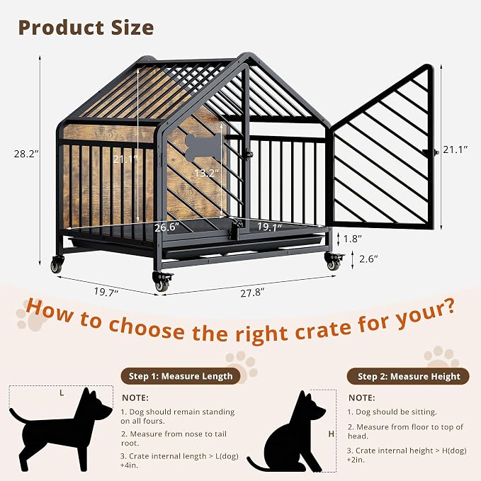 IRONCK 27.6" Dog Crate Furniture with Pull-Out Tray and Wheels | Roof-shape frame. 4 wheels and pull-out tray. Bone name tag. For small medium dogs.